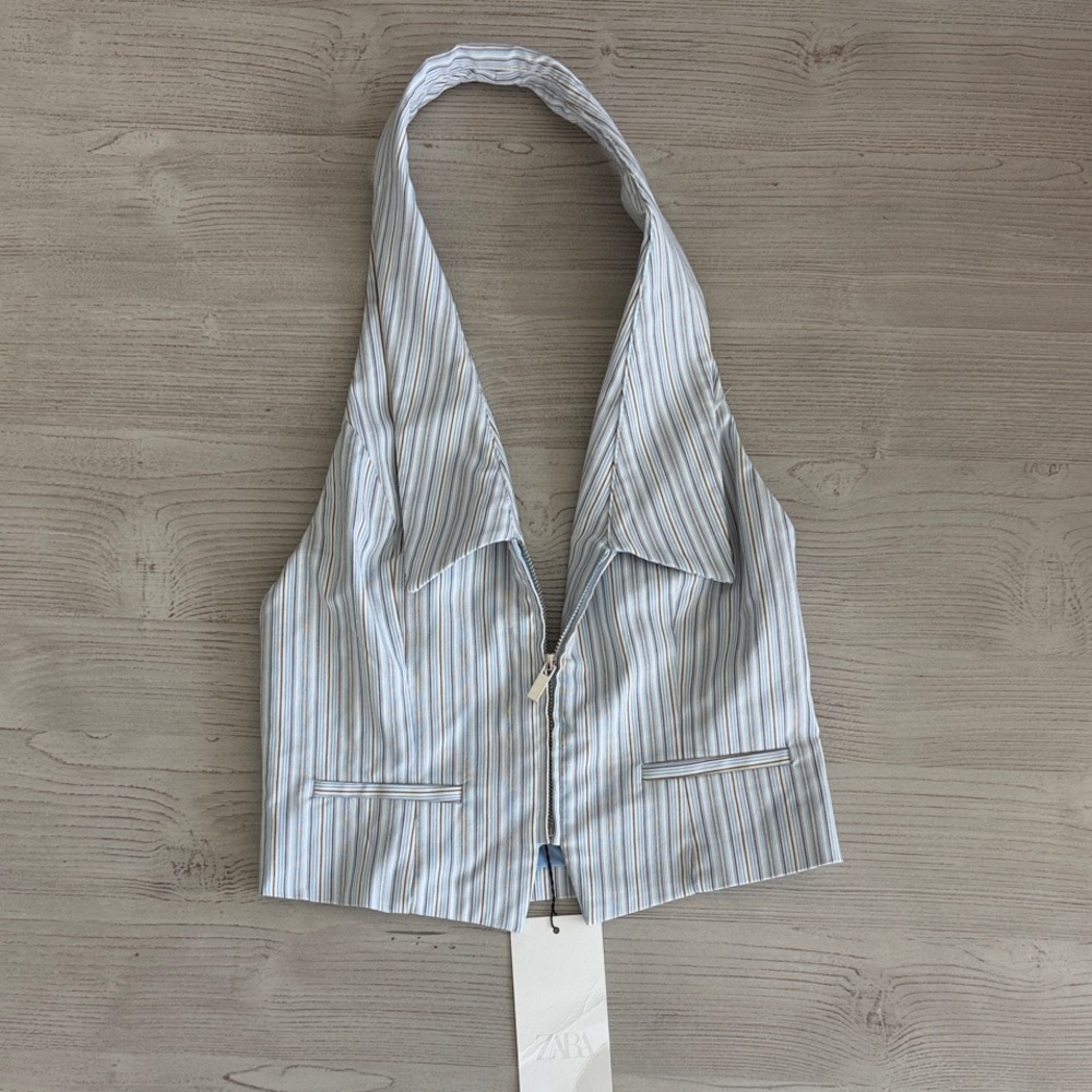 ZARA Light Blue and White Striped Halter Crop Top NWT